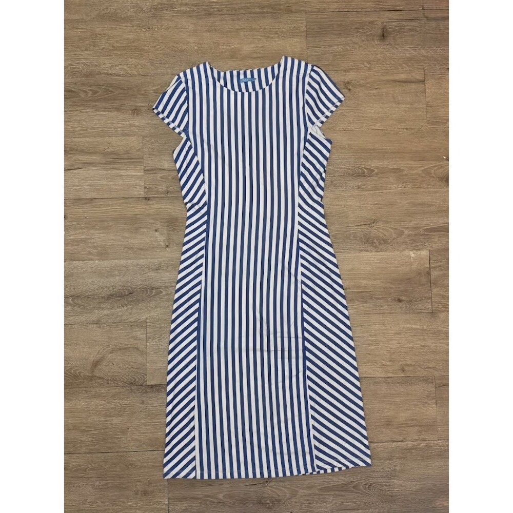 J. McLaughlin Blue White Striped Midi Dress XS Slimming Stretch Preppy - Picture 5 of 8